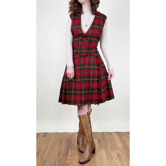 Vintage Handmade Matching Midi Skirt Vest Set Suit Plaid Wool Fall Octoberfest - Picture 1 of 7